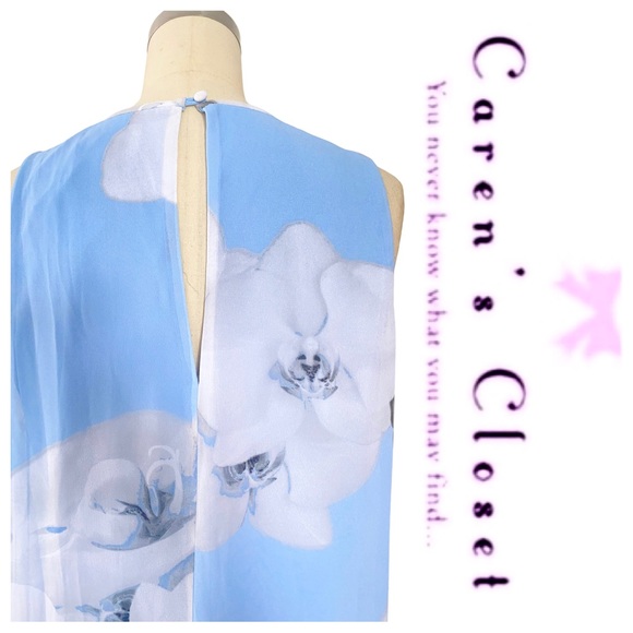 Calvin Klein Powder Blue Floral Print Chiffon Trapeze Sleeveless Dress - Picture 8 of 10